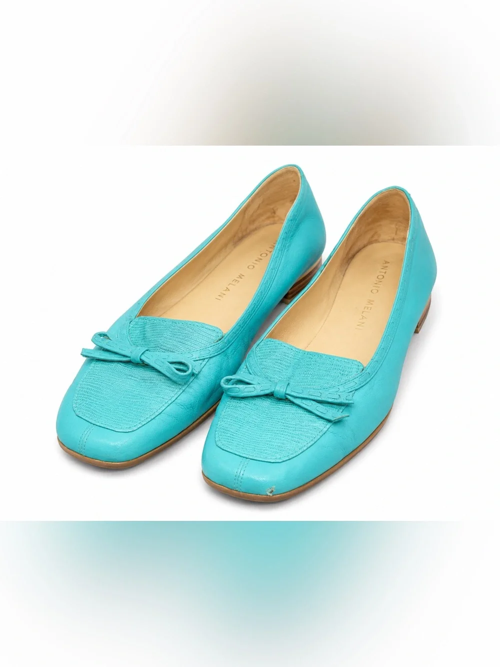 Antonio Melani Turquoise Leather Ballet Flats Coastal Grandmillennial Bow Sz 9